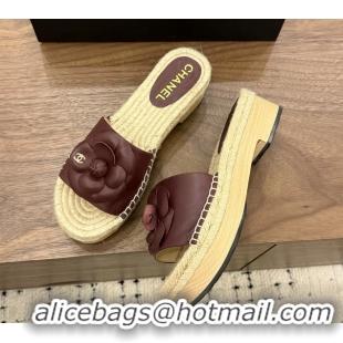Design Cheap Chanel Burgundy Camellia Flower Leather Espadrille Platform Slides Sandals 6051321