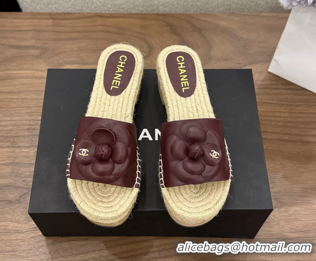 Design Cheap Chanel Burgundy Camellia Flower Leather Espadrille Platform Slides Sandals 6051321