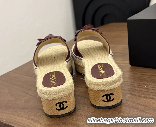 Design Cheap Chanel Burgundy Camellia Flower Leather Espadrille Platform Slides Sandals 6051321