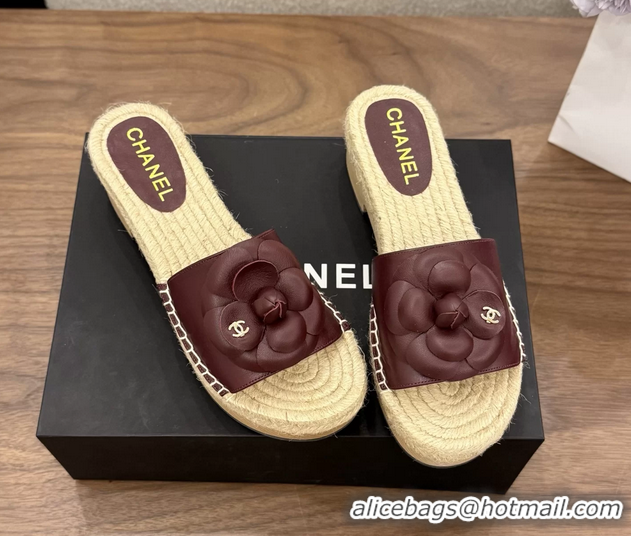 Design Cheap Chanel Burgundy Camellia Flower Leather Espadrille Platform Slides Sandals 6051321