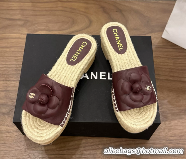 Design Cheap Chanel Burgundy Camellia Flower Leather Espadrille Platform Slides Sandals 6051321