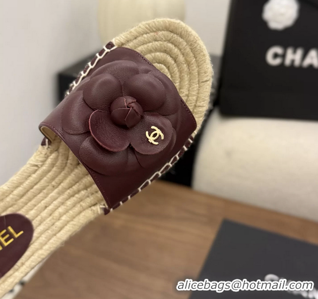 Design Cheap Chanel Burgundy Camellia Flower Leather Espadrille Platform Slides Sandals 6051321