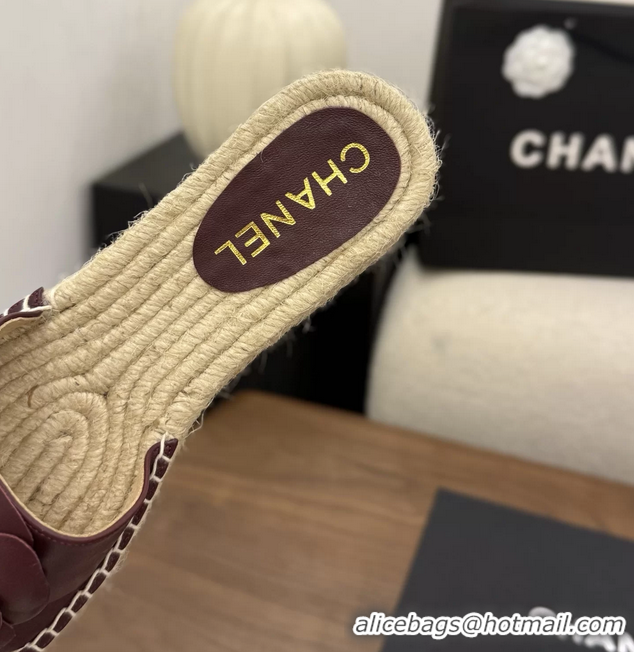Design Cheap Chanel Burgundy Camellia Flower Leather Espadrille Platform Slides Sandals 6051321