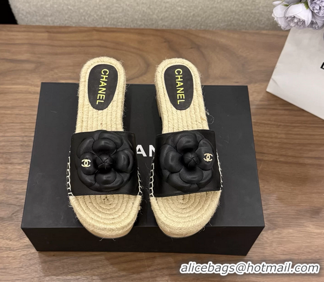 Low Price Chanel Black Camellia Flower Leather Espadrille Platform Slides Sandals 6051321
