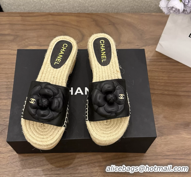 Low Price Chanel Black Camellia Flower Leather Espadrille Platform Slides Sandals 6051321