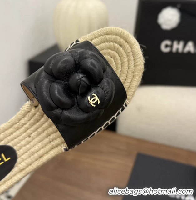 Low Price Chanel Black Camellia Flower Leather Espadrille Platform Slides Sandals 6051321