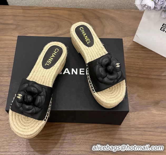 Low Price Chanel Black Camellia Flower Leather Espadrille Platform Slides Sandals 6051321