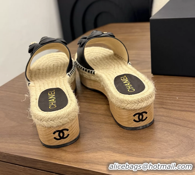 Low Price Chanel Black Camellia Flower Leather Espadrille Platform Slides Sandals 6051321