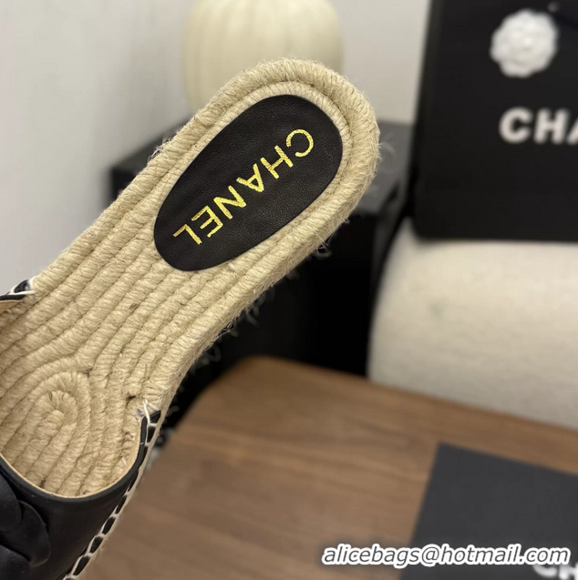 Low Price Chanel Black Camellia Flower Leather Espadrille Platform Slides Sandals 6051321