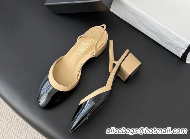 Best Product Chanel Black Beige Patent Leather Slingback Pumps 6051402