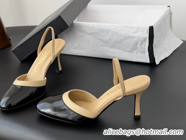 Cheap Price Chanel Black Beige Patent Leather Slingback Pumps 6051403