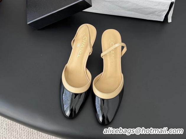 Cheap Price Chanel Black Beige Patent Leather Slingback Pumps 6051403