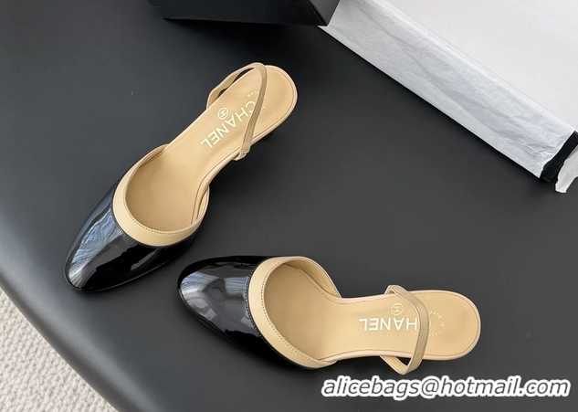 Cheap Price Chanel Black Beige Patent Leather Slingback Pumps 6051403