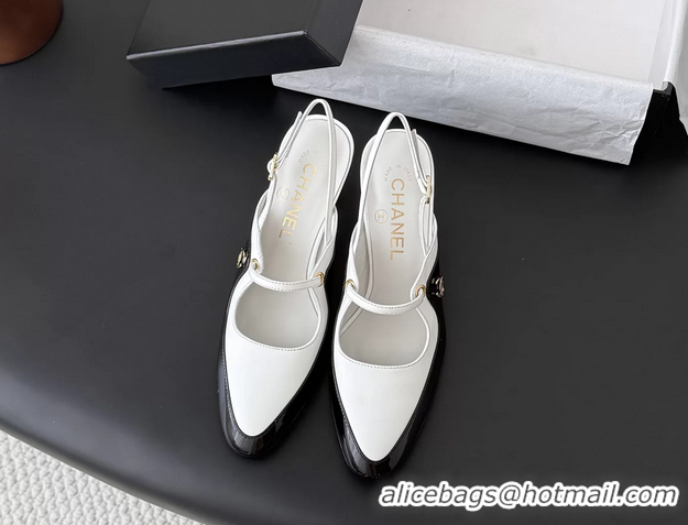 Hot Style Chanel CC Logo Black Patent Leather and White Calfskin High Heeled Mules 6051403
