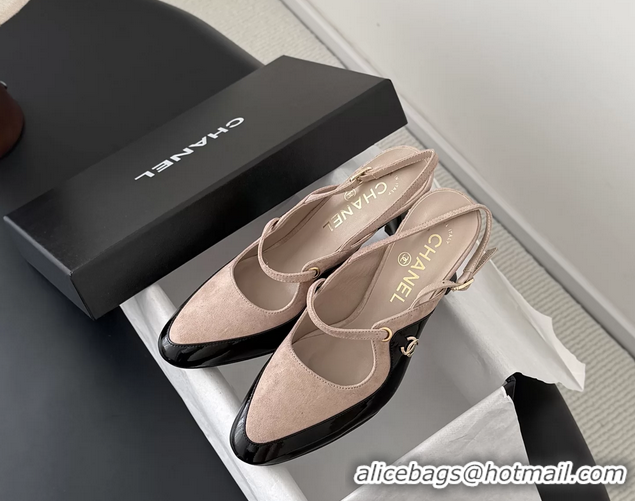 Grade Quality Chanel CC Logo Black Patent Leather and Pink Suede High Heeled Mules 6051404