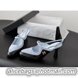 Luxury Chanel CC Logo Black Patent Leather and Light Blue Calfskin High Heeled Mules 6051404