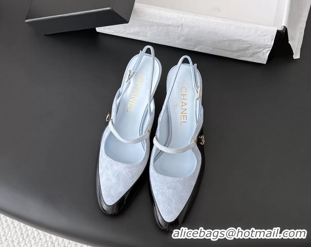 Luxury Chanel CC Logo Black Patent Leather and Light Blue Calfskin High Heeled Mules 6051404