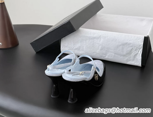 Luxury Chanel CC Logo Black Patent Leather and Light Blue Calfskin High Heeled Mules 6051404
