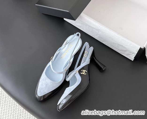 Luxury Chanel CC Logo Black Patent Leather and Light Blue Calfskin High Heeled Mules 6051404