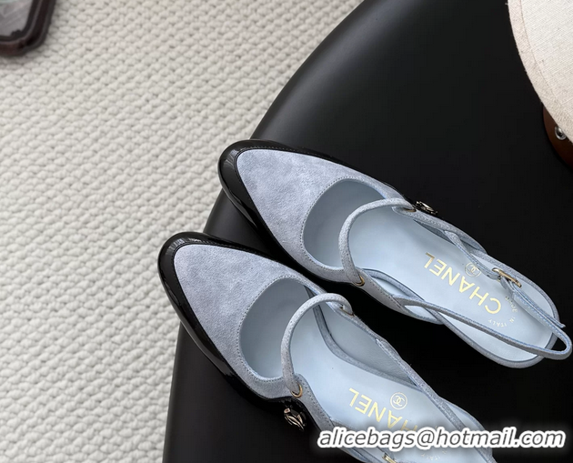 Luxury Chanel CC Logo Black Patent Leather and Light Blue Calfskin High Heeled Mules 6051404