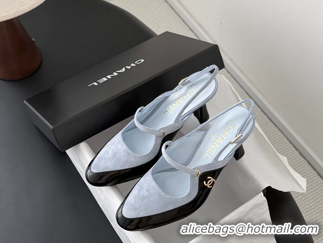 Luxury Chanel CC Logo Black Patent Leather and Light Blue Calfskin High Heeled Mules 6051404