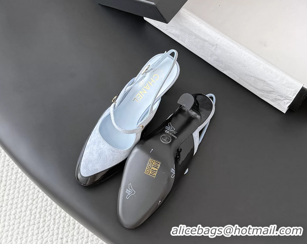 Luxury Chanel CC Logo Black Patent Leather and Light Blue Calfskin High Heeled Mules 6051404