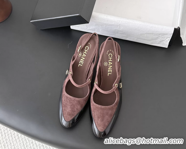 Top Grade Chanel CC Logo Black Patent Leather and Burgundy Suede High Heeled Mules 6051404