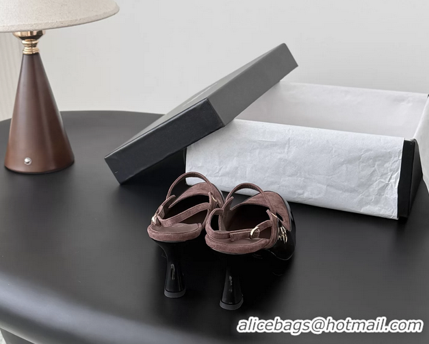 Top Grade Chanel CC Logo Black Patent Leather and Burgundy Suede High Heeled Mules 6051404