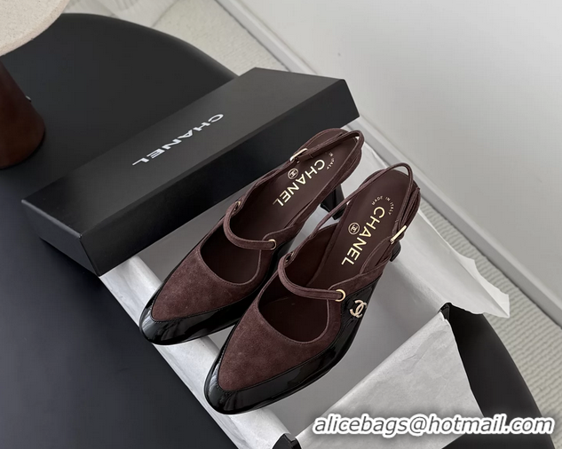Top Grade Chanel CC Logo Black Patent Leather and Burgundy Suede High Heeled Mules 6051404