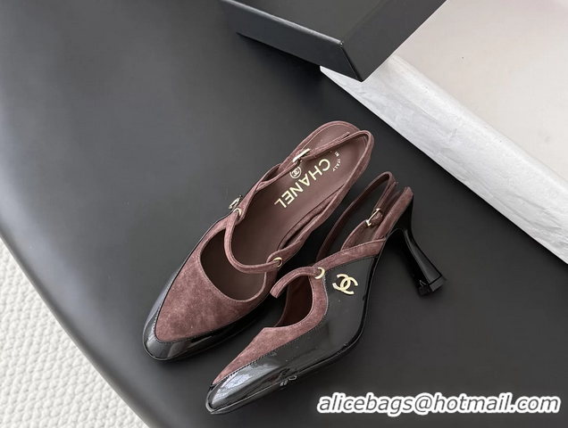Top Grade Chanel CC Logo Black Patent Leather and Burgundy Suede High Heeled Mules 6051404