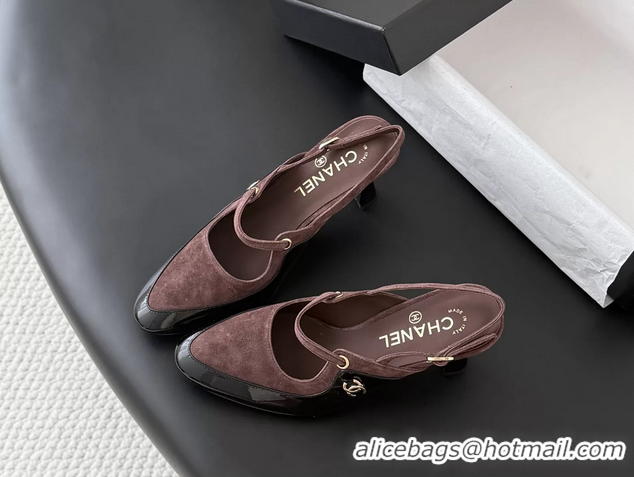 Top Grade Chanel CC Logo Black Patent Leather and Burgundy Suede High Heeled Mules 6051404
