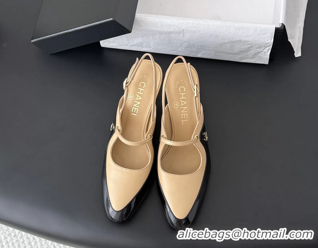 Good Quality Chanel CC Logo Black Patent Leather and Beige Calfskin High Heeled Mules 6051404