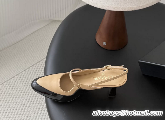Good Quality Chanel CC Logo Black Patent Leather and Beige Calfskin High Heeled Mules 6051404