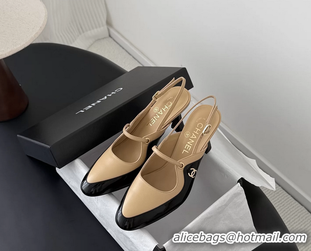 Good Quality Chanel CC Logo Black Patent Leather and Beige Calfskin High Heeled Mules 6051404