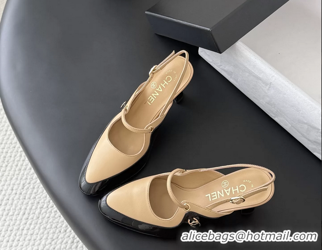 Good Quality Chanel CC Logo Black Patent Leather and Beige Calfskin High Heeled Mules 6051404