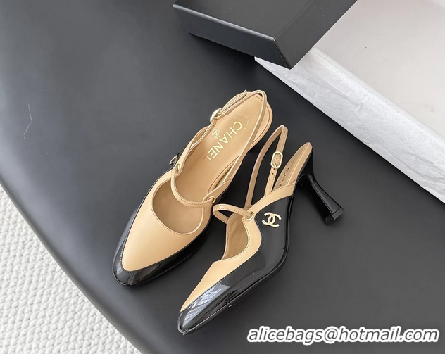 Good Quality Chanel CC Logo Black Patent Leather and Beige Calfskin High Heeled Mules 6051404