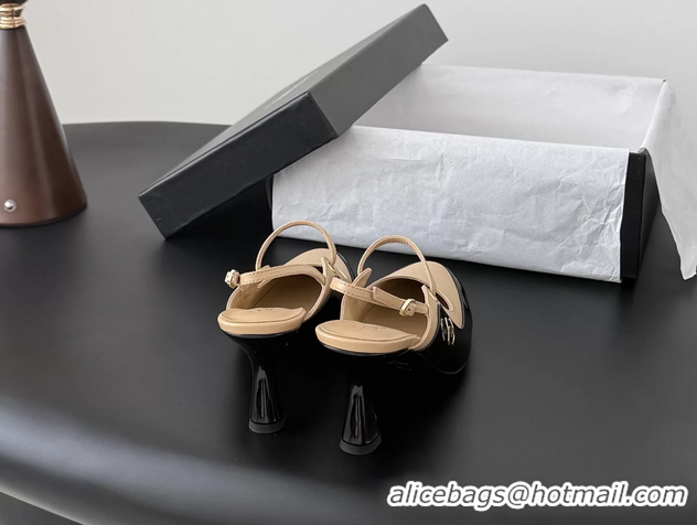 Good Quality Chanel CC Logo Black Patent Leather and Beige Calfskin High Heeled Mules 6051404