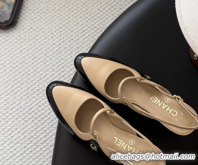 Good Quality Chanel CC Logo Black Patent Leather and Beige Calfskin High Heeled Mules 6051404