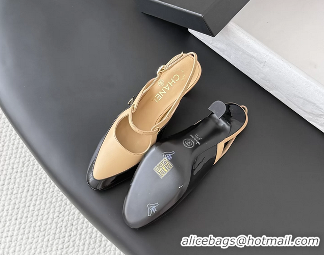 Good Quality Chanel CC Logo Black Patent Leather and Beige Calfskin High Heeled Mules 6051404