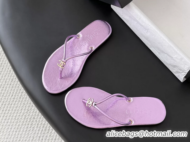 Top Quality Chanel CC Logo Purple Leather Thong Flats Sandals 6051405