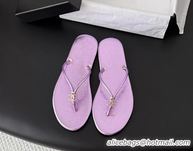 Top Quality Chanel CC Logo Purple Leather Thong Flats Sandals 6051405