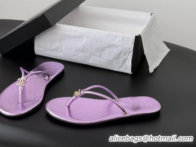 Top Quality Chanel CC Logo Purple Leather Thong Flats Sandals 6051405