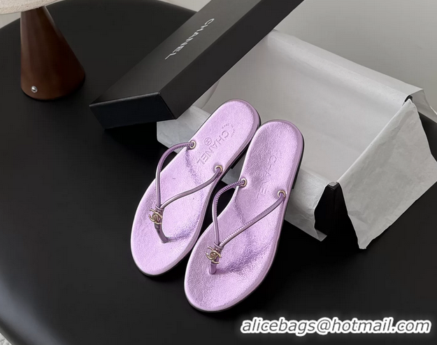Top Quality Chanel CC Logo Purple Leather Thong Flats Sandals 6051405