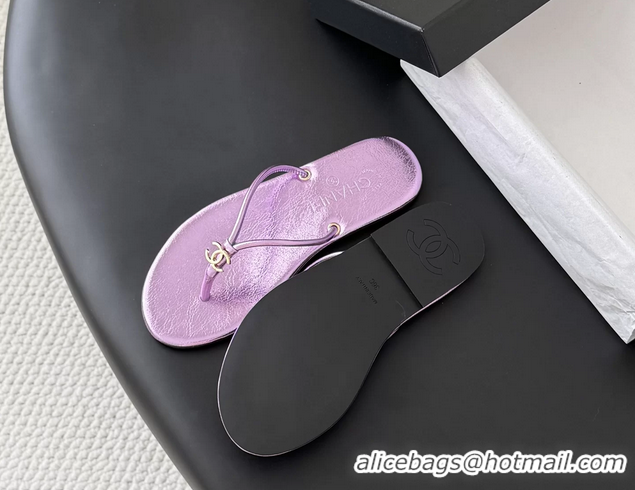 Top Quality Chanel CC Logo Purple Leather Thong Flats Sandals 6051405