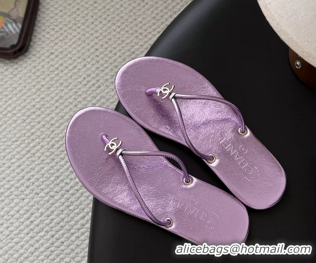 Top Quality Chanel CC Logo Purple Leather Thong Flats Sandals 6051405