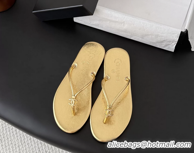 Duplicate Chanel CC Logo Gold Leather Thong Flats Sandals 6051405