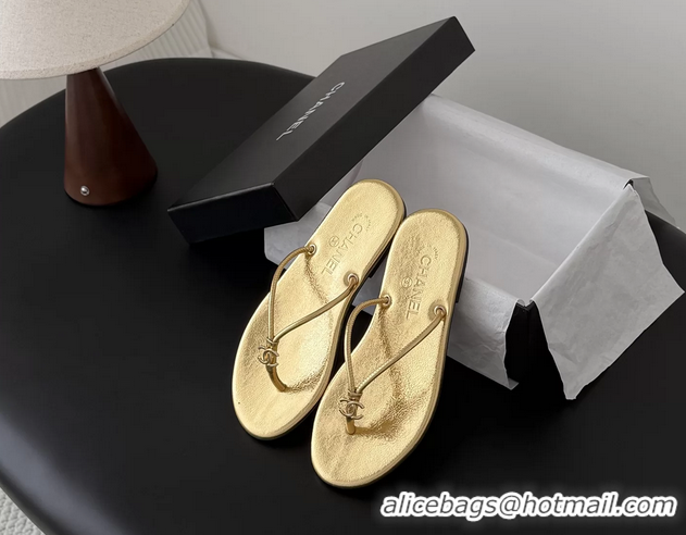 Duplicate Chanel CC Logo Gold Leather Thong Flats Sandals 6051405
