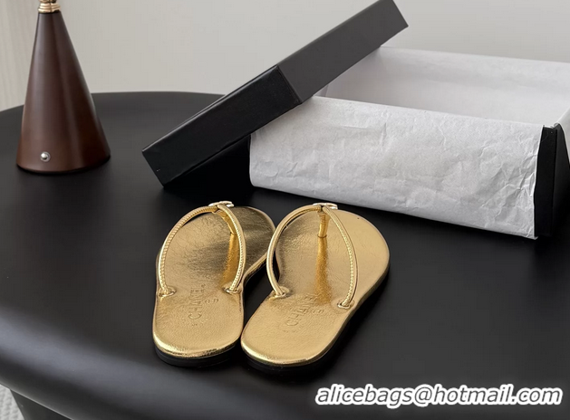 Duplicate Chanel CC Logo Gold Leather Thong Flats Sandals 6051405