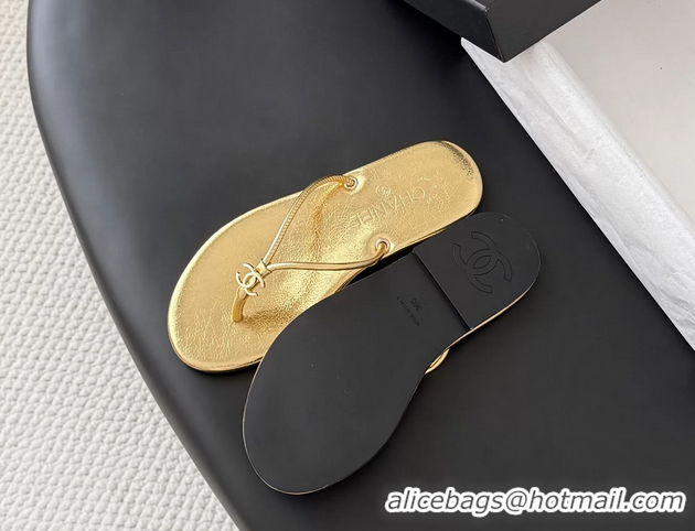 Duplicate Chanel CC Logo Gold Leather Thong Flats Sandals 6051405