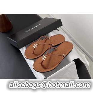 Super Quality Chanel CC Logo Brown Leather Thong Flats Sandals 6051405